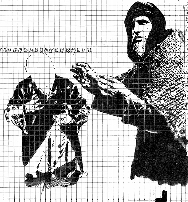 13.1.
Цртеж (базиран на фотографији). 1993.
Туш на транспарентном филму. 120x104 мм
